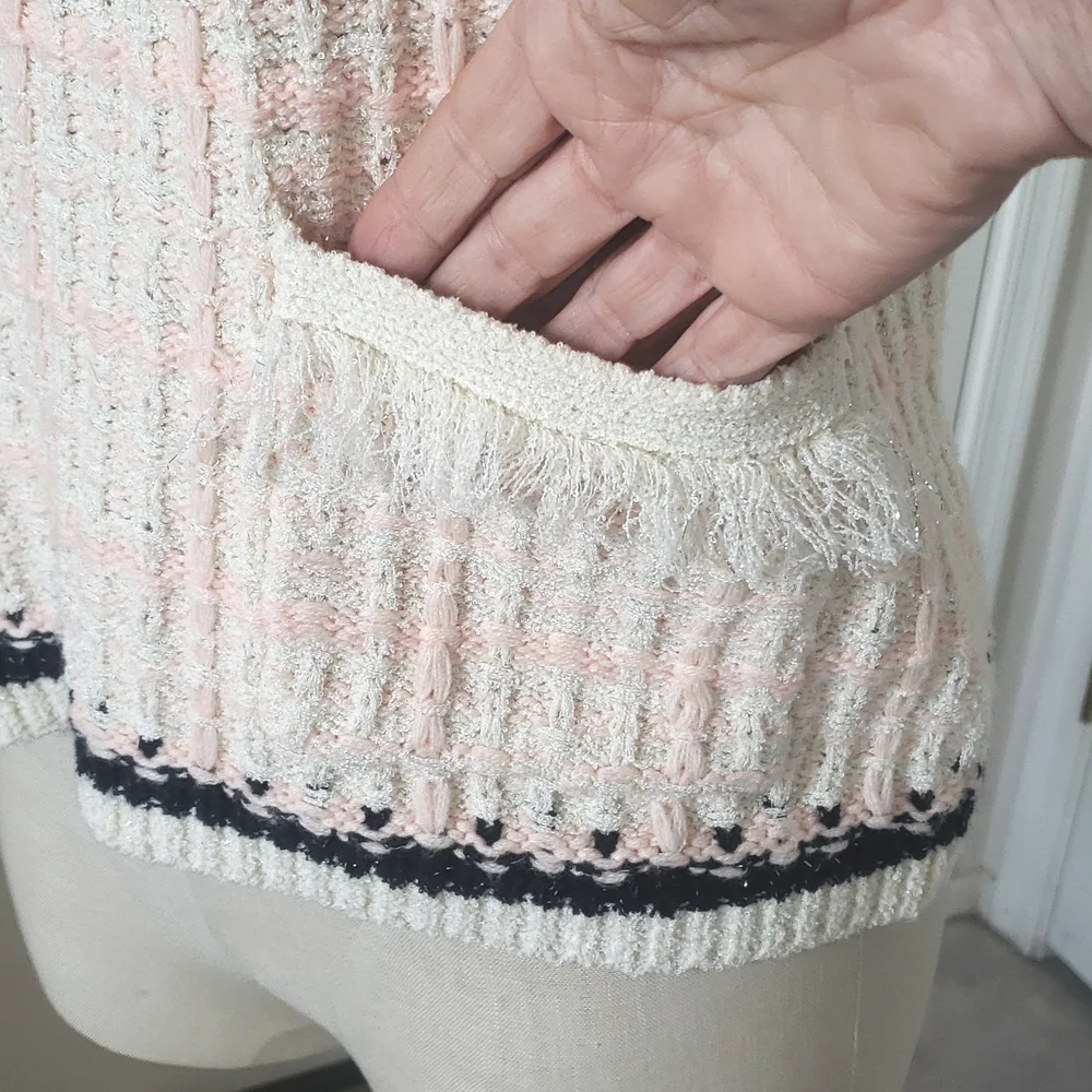 Anthropologie Plaid Tweed Knit Sweater Tee • Fringe Shimmer Pink Cream M - Picture 9 of 12
